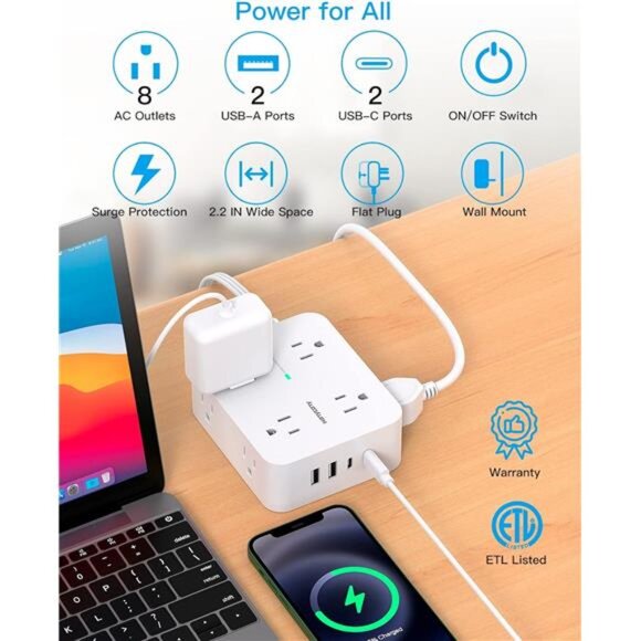 Surge Protector Power Strip, Extension Cord with Multiple Outlets, 5 Ft - Picture 2 of 8